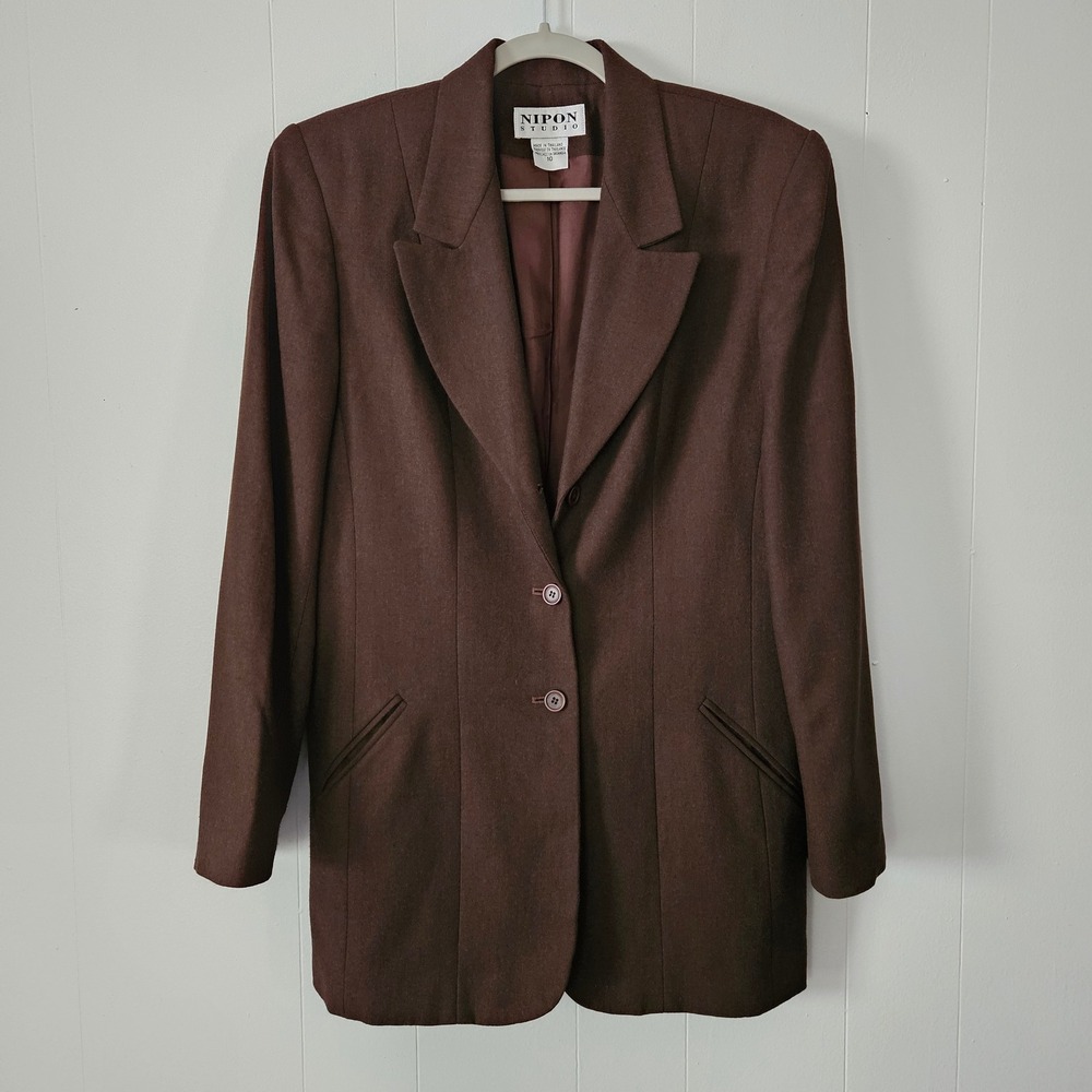 Womens Vintage 90s Blazer Brown‎ Wool Rayon Tailored Minimalists